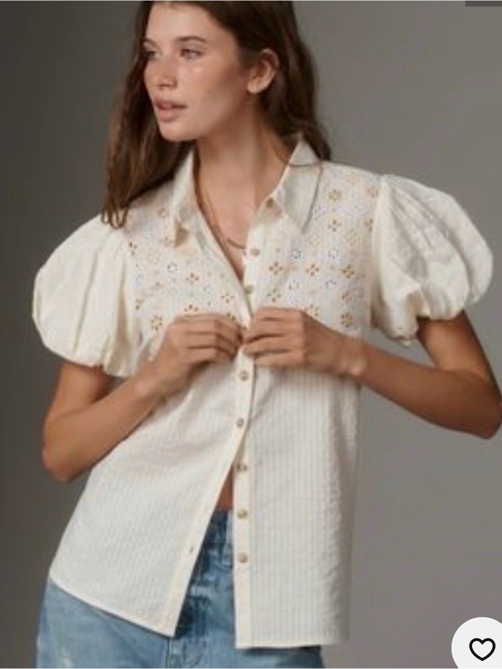 Pilcro by Anthropologie Cream Eyelet Puff-Sleeve Button-Down Shirt. Size L